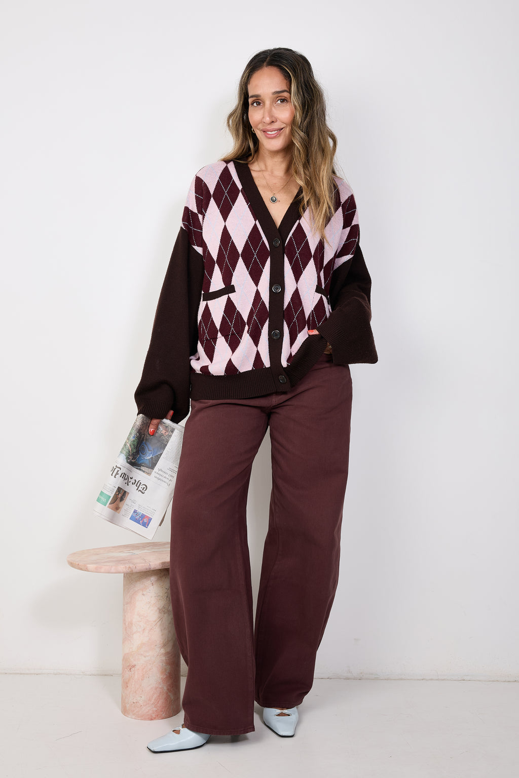 Cardigan brown pink argyle