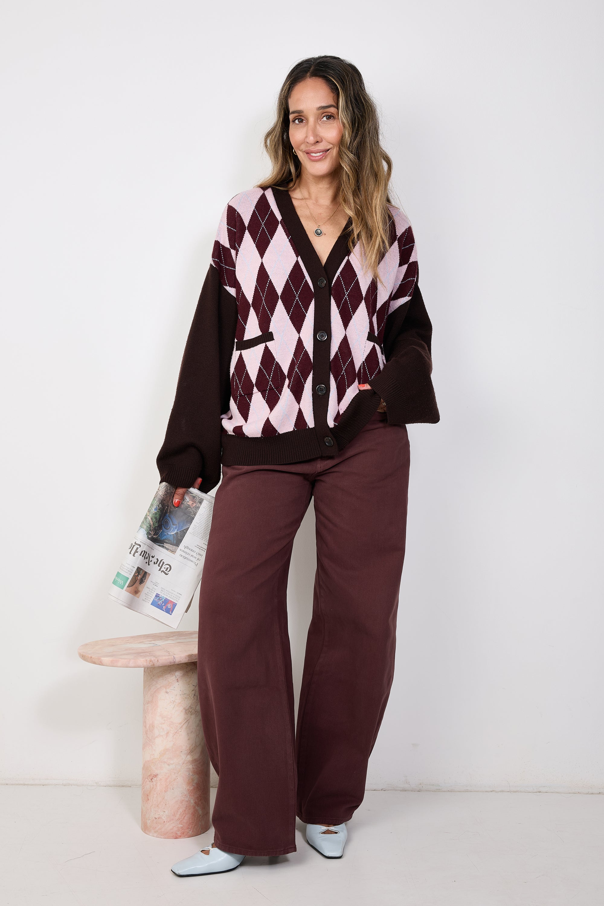 Cardigan brown pink argyle