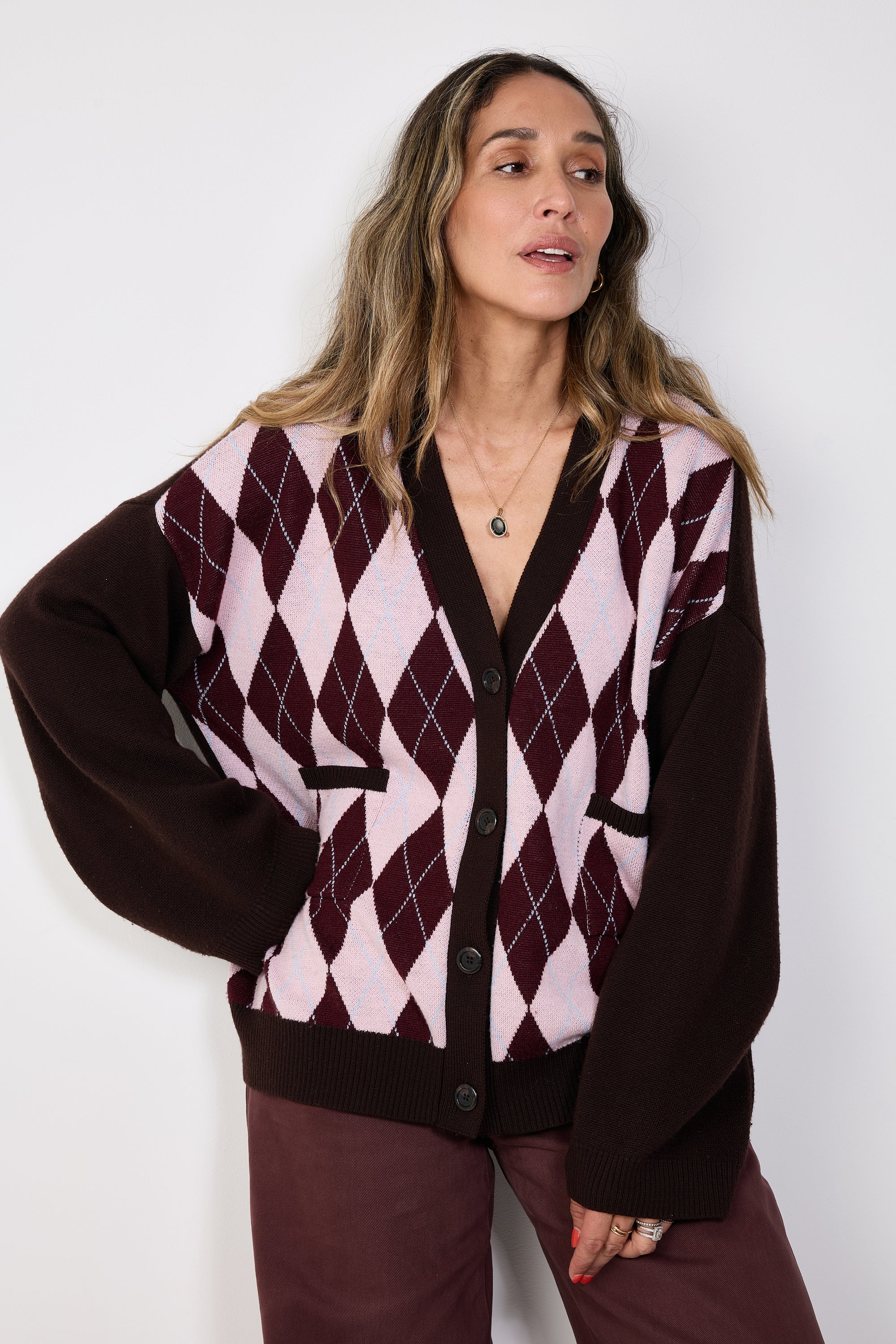 Cardigan brown pink argyle